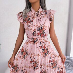 Pleated Floral Printed Tie Neck Knee Length Dress